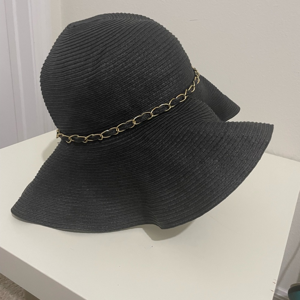 Black Wide-Brim Hat with Gold Chain